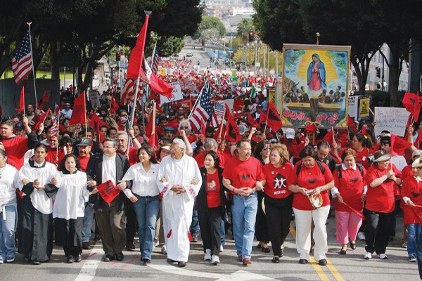 Dolores Huerta (in black jacket) is front and center during a United Farm Workers union rally in Los Angeles in 2006.